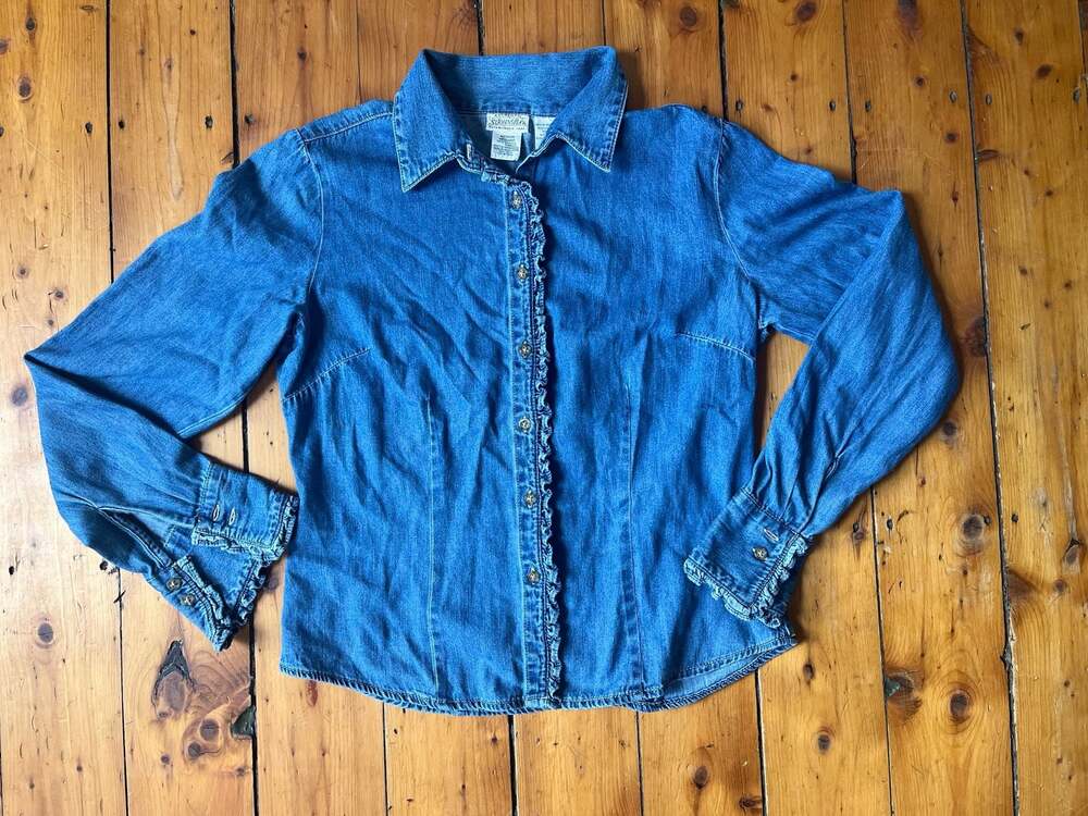 St. John's Bay Women's Medium Denim Button-Down Shirt with Ruffle Details